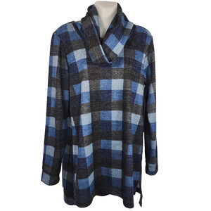 Pure Essence Womens Tunic Top Cowl Neck Blue Gray Long Sleeve Size Small Checked
